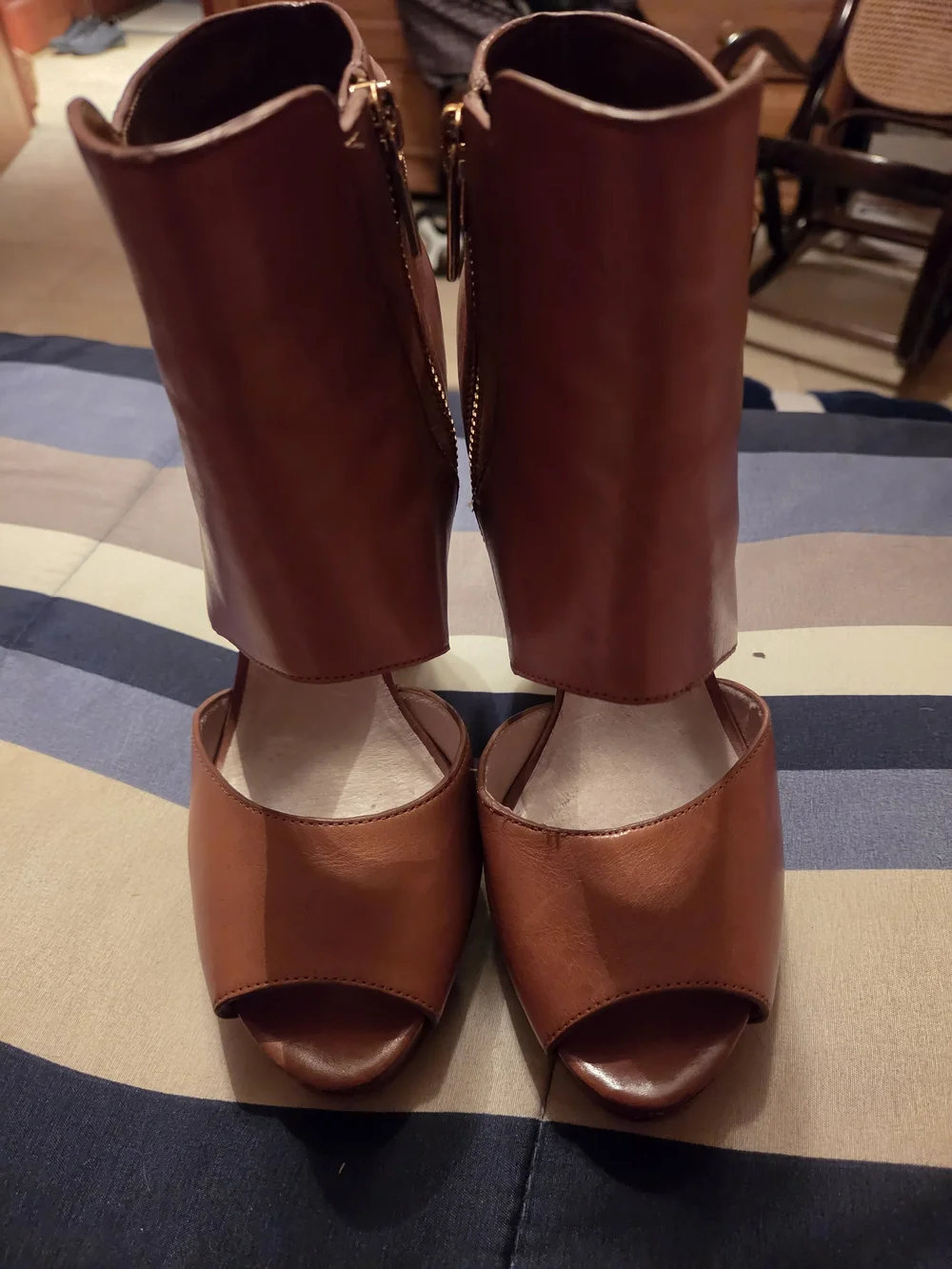 Michael Kors Cognac Peep-Toe Platform Ankle Boots with Gold Zipper